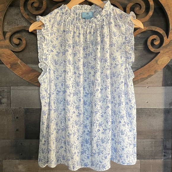 Floral Blouse L Ruffle Peasant Swing Top Cottagecore Sleeveless Tunic - Picture 2 of 16